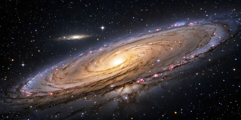 Fototapeta premium A magnificent spiral galaxy showcases its swirling arms filled with stars and cosmic dust. The glowing center radiates light into the dark expanse of space, creating a breathtaking view