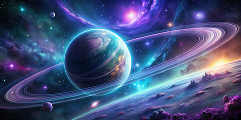 A stunning cosmic landscape shows Saturn with its rings, surrounded by vivid colors and swirling galaxies. Celestial bodies glow against a dark backdrop, highlighting the beauty of the universe