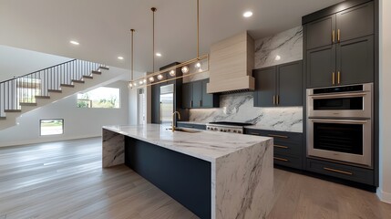 Luxurious gourmet kitchen with professional grade appliances and marble island