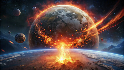 Obraz premium A massive explosion occurs in space, surrounding a planet engulfed in flames. Other celestial bodies float nearby, creating a dramatic and fiery cosmic panorama