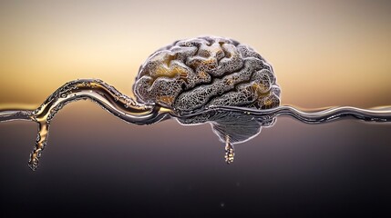 A 3D model of a brain emerging from water, against a sunset backdrop