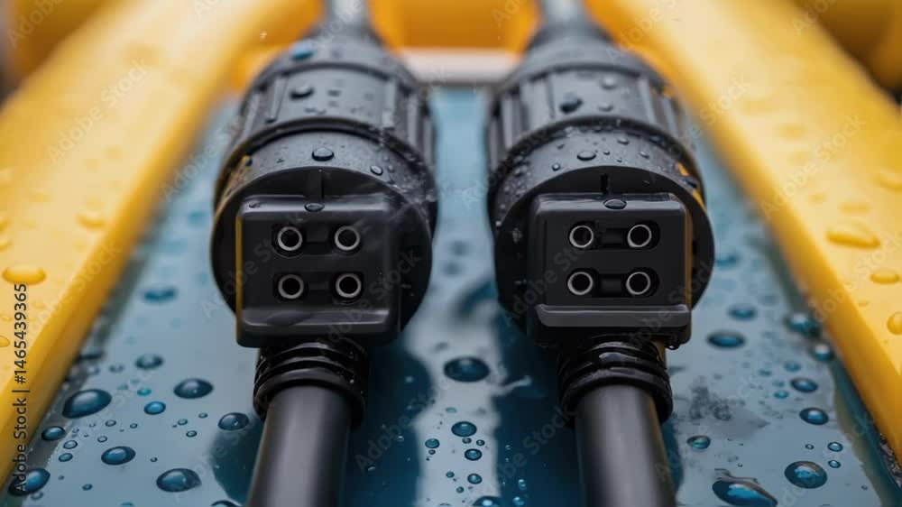 Poster a closeup of an underwater robotic systems electric connectors glistening with moisture emphasizing 