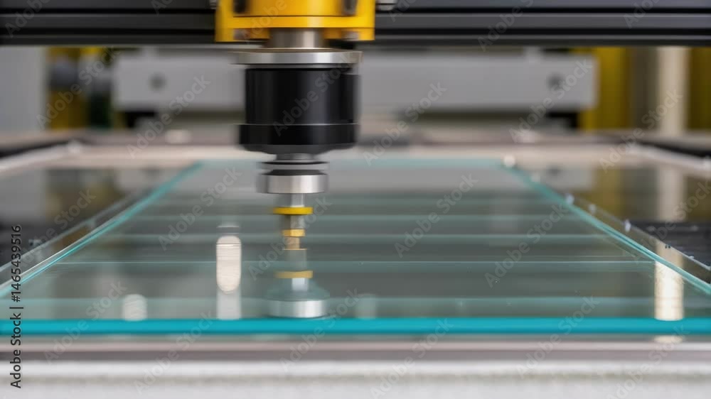 Poster A closeup of a robotic end effector gripping the edge of a glass sheet showcasing the specialized suction technology designed for secure handling.