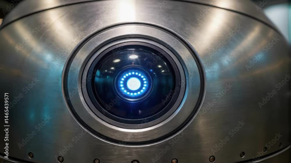 Aufkleber A closeup of a robotic eye equipped with advanced imaging technology focusing on a metal surface while glowing with artificial light.