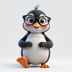 Fototapeta premium 3D character, smart penguin in glasses walks importantly, light gray background