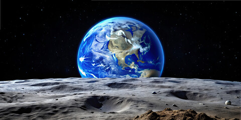 Bright blue Earth is visible against the dark backdrop of space from the lunar surface, highlighting its vibrant colors and features