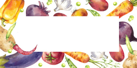 Watercolor rectangular banner frame with vegetables. Hand painted potatoes, tomatoes, peppers, eggplant, carrots, beets and onions. Illustration for the decoration of postcards, flyers and prints.