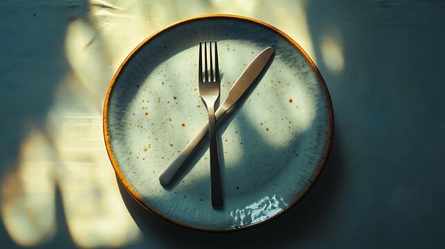 Empty plate with cutlery, bathed in sunlight, on a table. - Powered by Adobe