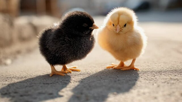 two baby chicks facing each other on sunny street