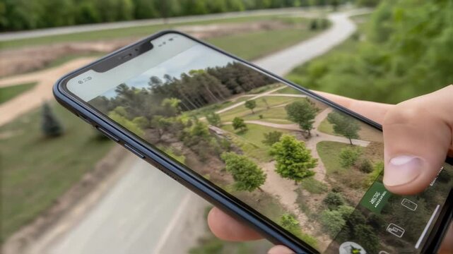 A closeup of a smartphone displaying an interactive landscape enhancement with trees and pathways appearing over an undeveloped lot.