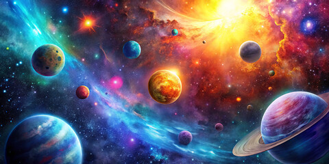 Obraz premium A spectacular display of celestial bodies including various planets and vibrant gaseous formations fills the vast cosmic expanse. The scene captures the beauty and mystery of the universe