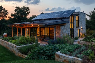 Obraz premium Modern stone home with solar panels and garden.