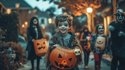 Smiling child in Halloween costume on trick-or-treat night.