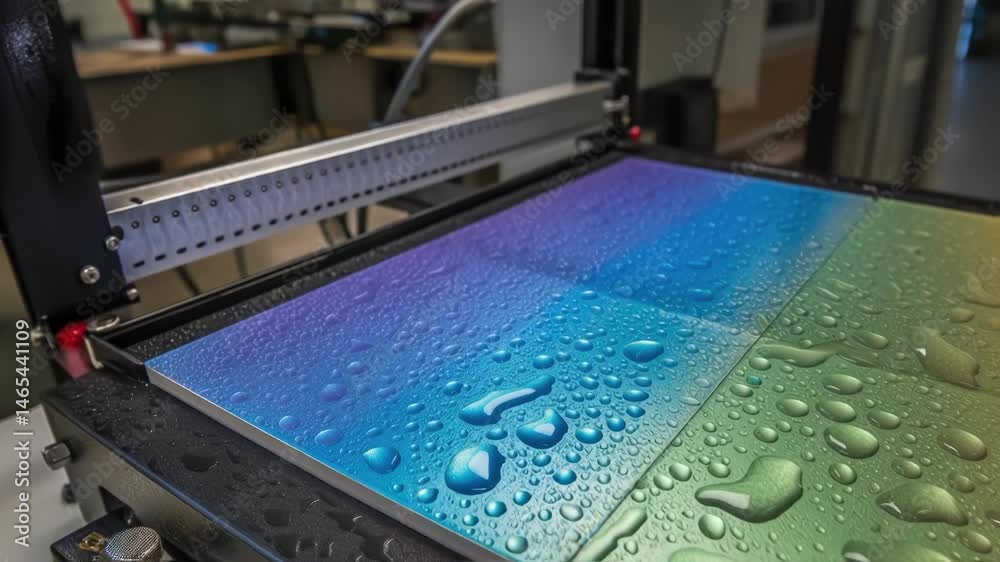 Aufkleber Industrial uv printer applying vibrant ink on ceramic tiles, generating rainbow gradient pattern with water droplets displaying hydrophobic surface effect during advanced manufacturing process