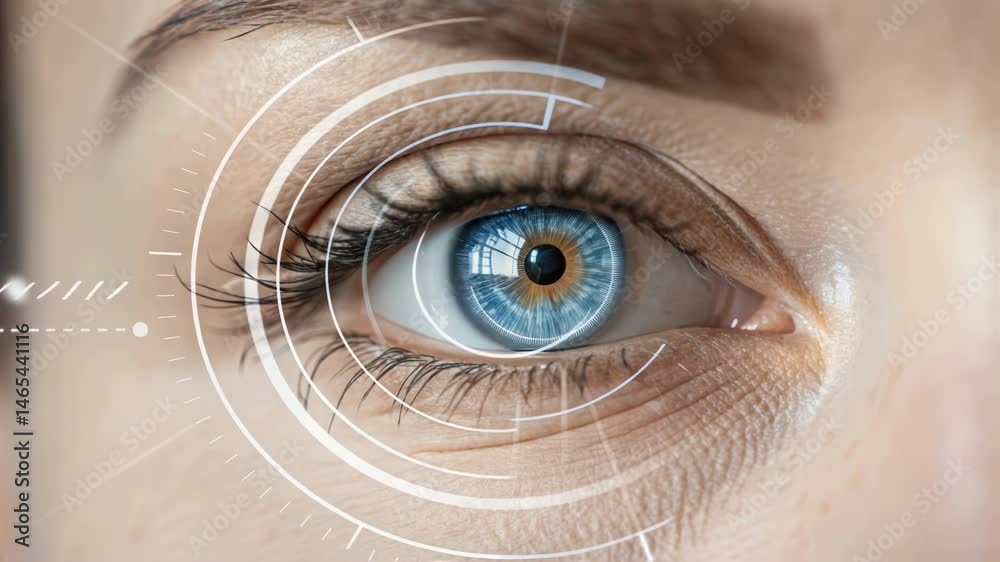 Poster A closeup of a users eye being scanned by an advanced iris recognition system showcasing intricate details of both the eye and the scanning device with a soft focus on the