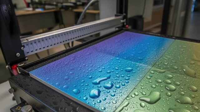 Industrial uv printer applying vibrant ink on ceramic tiles, generating rainbow gradient pattern with water droplets displaying hydrophobic surface effect during advanced manufacturing process