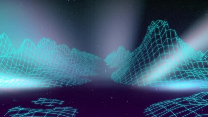 Wireframe grid terrain rising into neon peaks and receding under glowing vertical light beams - Powered by Adobe