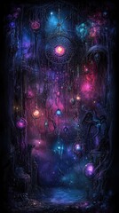 An ethereal dreamcatcher in the cosmos, featuring intricate threads woven from radiant stardust and luminous orbs, framed by distant nebulae and celestial star clusters, perfect for phone backgrounds.