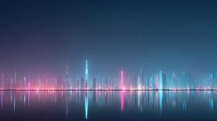 Symphony of neon skyscrapers twinkling in mirrored nightscape, embodying Cyber Monday allure and urban skyline mindfulness meditation
