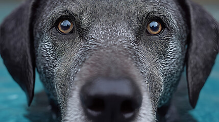 Elderly dog gazing with soulful eyes from turquoise waters, evoking tranquility, pet appreciation week, World Kindness Day