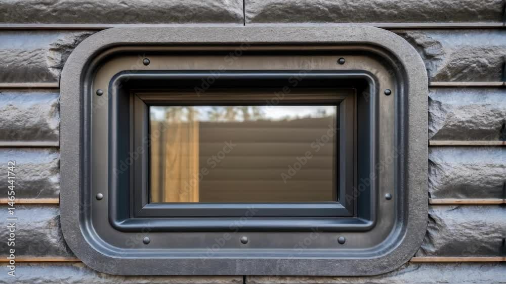 Poster A closeup of a window frame integrated into a 3Dprinted home made from repurposed metal highlighting the juxtaposition of smooth curved edges with the rough texture of the
