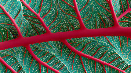 Vibrant veined leaf tapestry, vibrant green and bold red veins echo holiday hues, celebrating Earth's mystique for Arbor Day