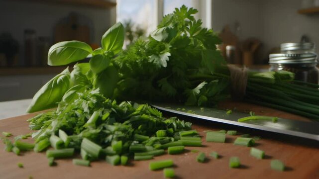 Ein rustikales Holzbrett auf einer K&uuml;chenarbeitsplatte, auf dem frische gr&uuml;ne Kr&auml;uter liegen