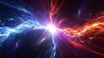Fototapeta premium Vivid energy waves in blue and red clash in a cosmic space, producing a spectacular explosion of light and dynamic patterns, suggesting motion and intensity