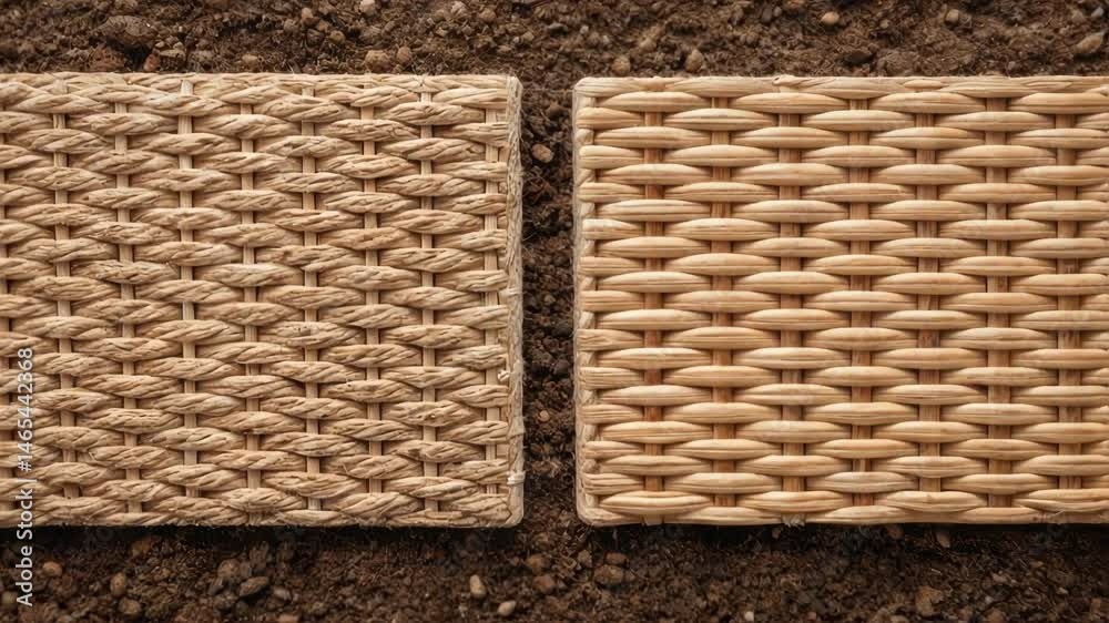 Poster Wicker tiles gradually spreading across earthy soil, creating natural, textured flooring with seamless pattern and organic design progression