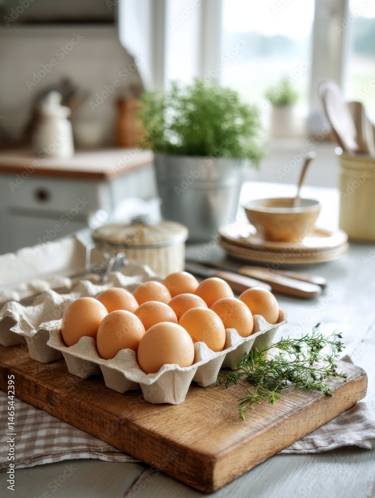 Poster morning kitchen table setting with fresh eggs in a carton near herbs and utensils for breakfast prep