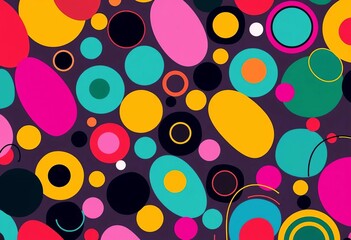 Abstract multicolored graphic pattern with diverse oval shapes, circles, and wavy lines, bold, intricate
