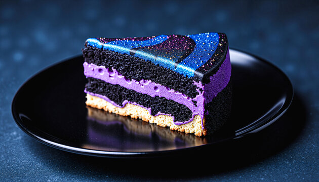Galaxy-Inspired Cake Slice with Shimmering Layers on Black Plate &ndash; Cosmic Dessert Concept