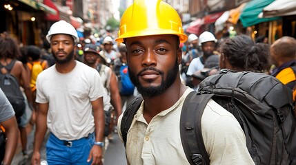 Obraz premium Urban scene with a man wearing a hard hat in a crowded street.