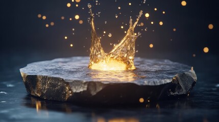 Illuminated liquid splash on a dark stone platform.