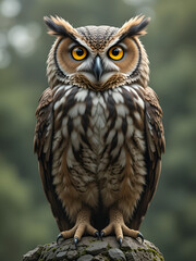 Fototapeta premium A large owl with vivid yellow eyes sits atop its head Its body hosts a yellow-eyed owl of comparable size