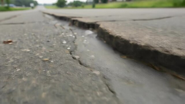 A closeup of microcapsules bursting within a crack in asphalt with the healing agent visibly oozing out to fill the gap and bond the materials.