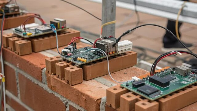 A closeup of robotic movement sensors illustrating the intricate electronics that allow for realtime feedback and tracking during the bricklaying process.