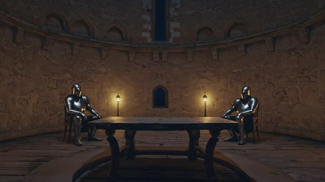 Two armored knights sitting in a medieval stone chamber around a round table lit by torches

