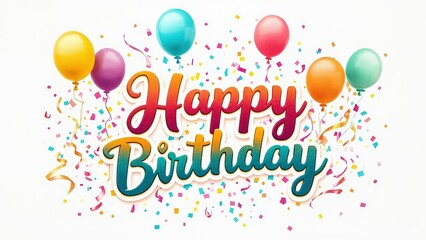 festive greeting card happy birthday. colored inscription happy birthday with balloons and confetti. bright congratulations on the holiday.