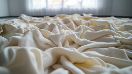 Fototapeta premium Crinkled satin waves basking in serene sunlight, echoing Yule feasting tales and Imbolc rituals, ethereal textile sanctuary