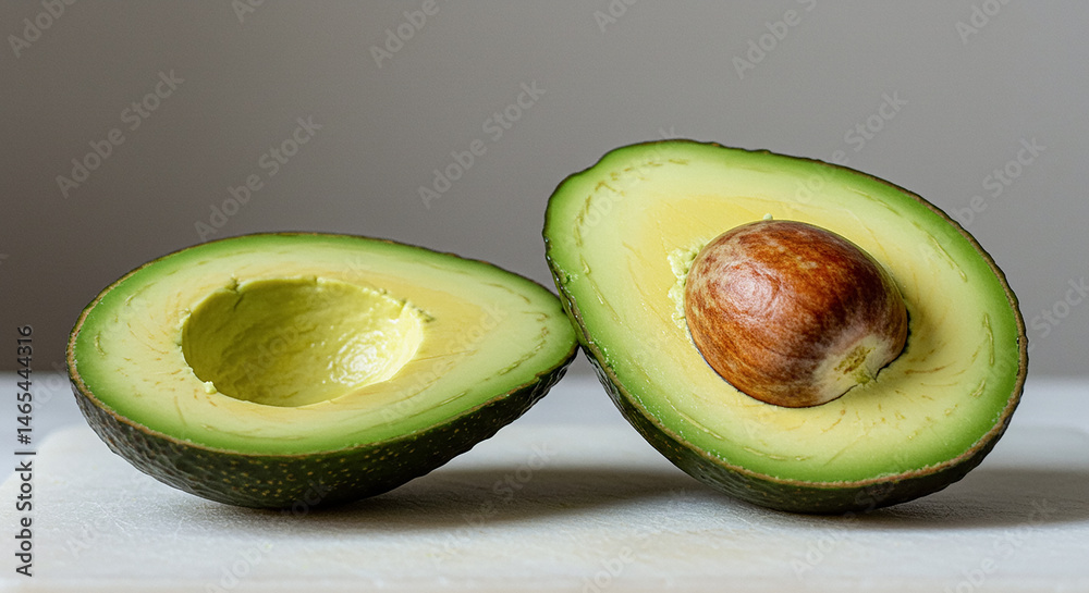 Aufkleber two halves of avocado showing seed and flesh resting on white surface