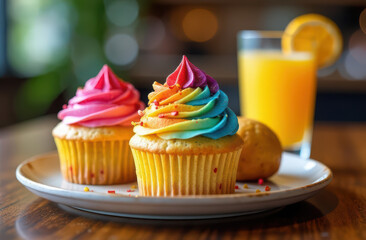 Colorful cupcakes with rainbow frosting and glass of orange juice on a wooden table. LGBTQ Pride month .