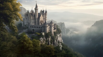 Majestic castle perched atop a misty mountain