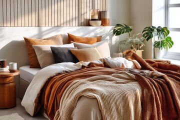 Cozy bedroom interior featuring layered bedding and natural color accents