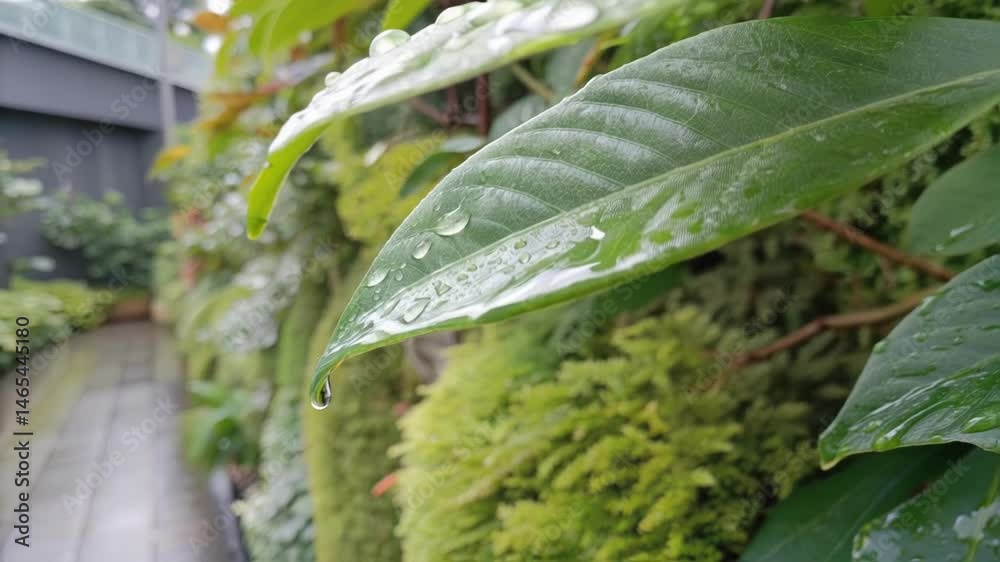 Aufkleber a closeup of the leaf surface on a living wall showing dew drops in the early morning light represen