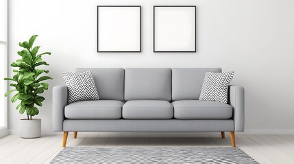 Minimalist Living Room Interior with Gray Sofa, Plant, Picture Frames, and Zigzag Rug Creates Serene Space.