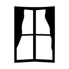 A black and white image of a window with curtains drawn