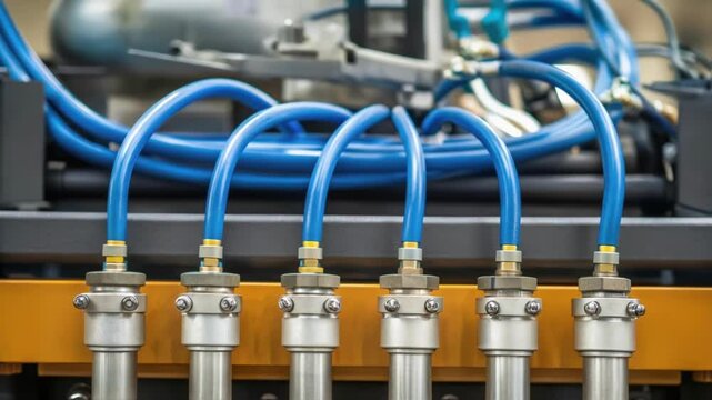 A closeup of the machines pneumatic system highlighting hoses and valves that control the paint pressure for a consistent application.
