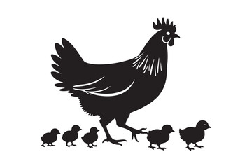 Hen and Chicks Silhouette Farm Chicken Family Vector Art