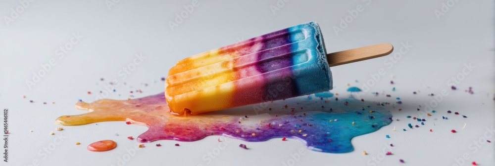 Aufkleber Melting Rainbow Popsicle on a White Surface Creating Colorful Puddles of Sweetness Generative AI